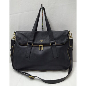 Fossil Black Pebbled Expandable Zipper Double Handles Satchel Shoulder Bag